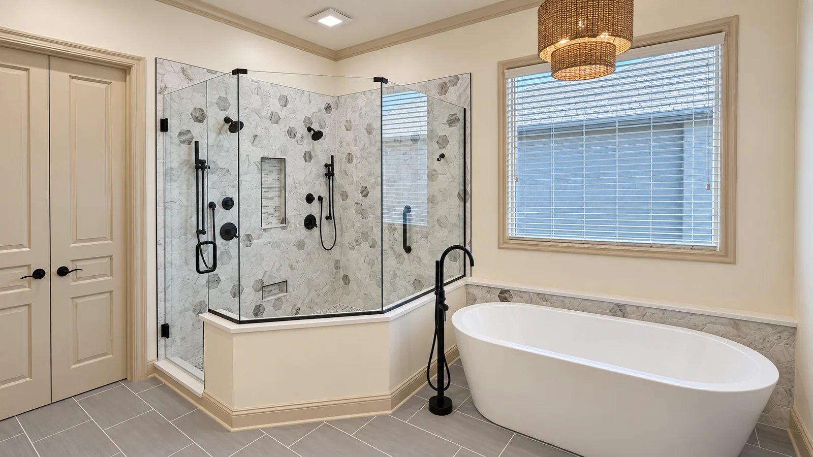 Freestanding tub beside a glass corner shower with patterned marble-look tile