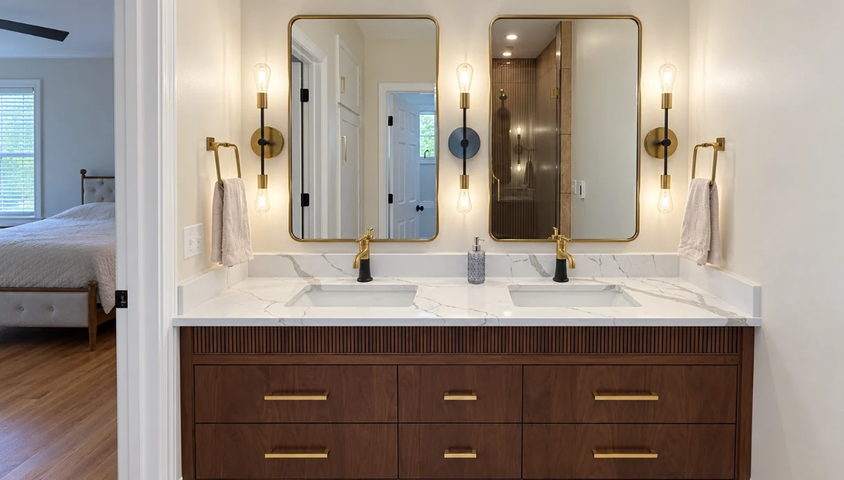 Fluted wood double vanity with paired mirrors and warm metal fixtures