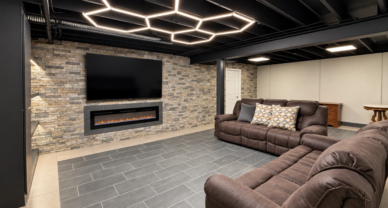 Basement seating beside a stone-faced fireplace and geometric ceiling lights